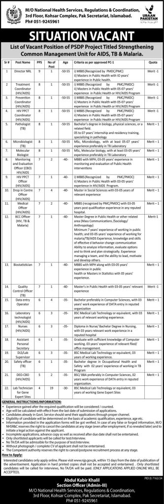 Ministry of National Health Services Islamabad Jobs 2025