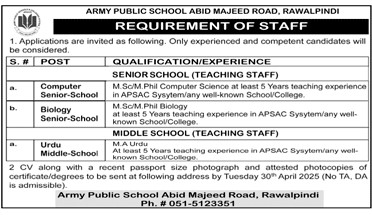 Army Public School APS Rawalpindi Teaching Jobs 2025