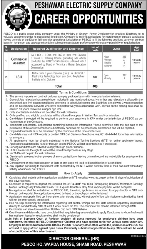 Peshawar Electric Supply Company PESCO Commercial Assistant and LS-II Jobs 2025
