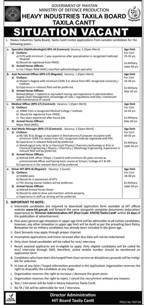 Ministry of Defence Production Heavy Industries Taxila HIT Board Govt of Pakistan Jobs 2025