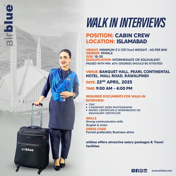 Airblue Cabin Crew Jobs 2025 Walk-in Interviews